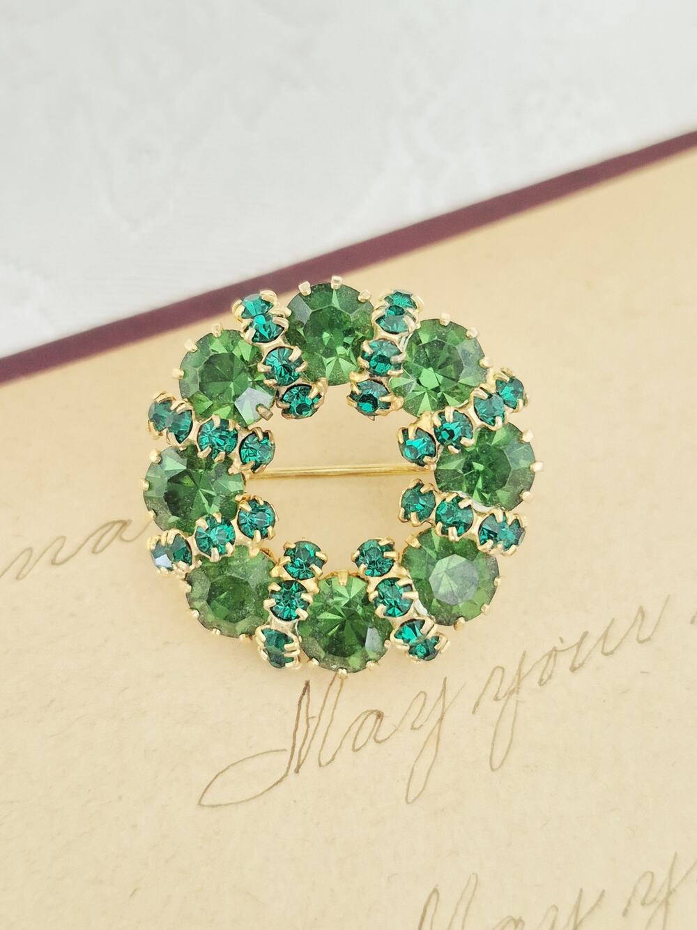 Vintage MCM Mini-Green Rhinestone Wreath Brooch